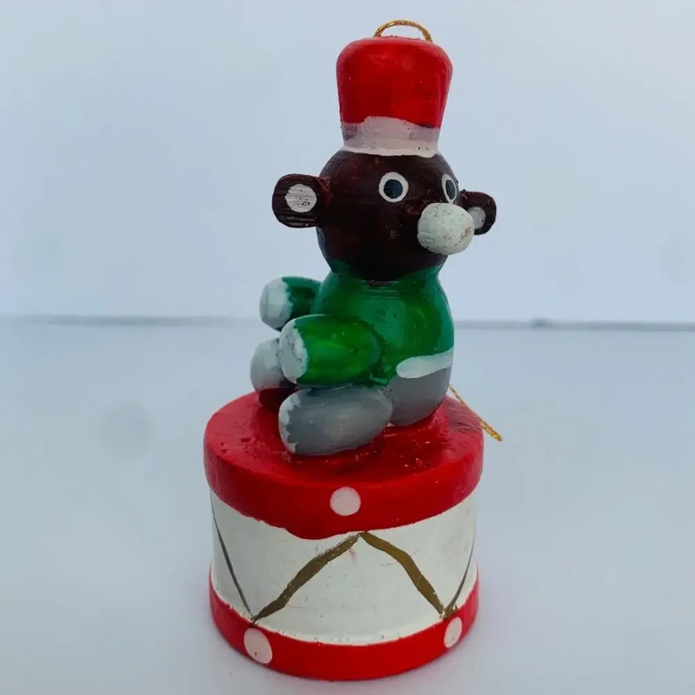 Vintage Wood Teddy Bear Drum Ornament